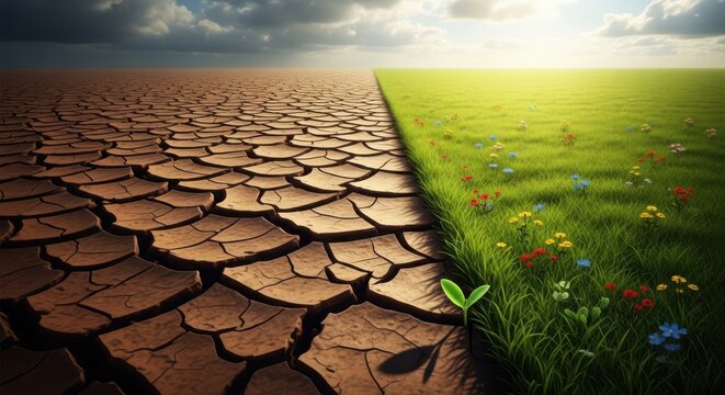 Split landscape with dry cracked earth and green grass with colorful flowers side by side under cloudy sky
