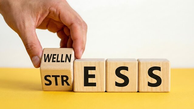 Stress or wellness symbol. Concept words Stress or Wellness on wooden cubes. Businessman hand. Beautiful yellow table white background. Business stress or wellness hand holding a wooden sign