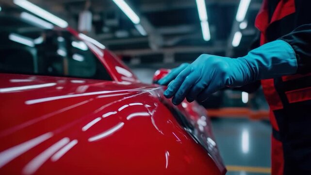 A gloved hand carefully applies film to the curved surface of a vibrant red car