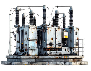 Large industrial electrical substation transformer unit, weathered, complex