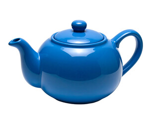 A vibrant blue ceramic teapot with a rounded body, spout, and handle