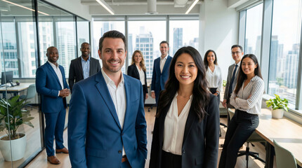 Obraz premium Diverse group of successful corporate professionals posing together in a modern office with large windows overlooking a city skyline