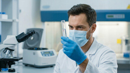 Male scientist in a mask and gloves examines a test tube containing a clear liquid in a modern laboratory with scientific equipment