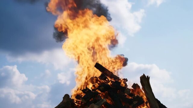 cremation pyre, low angle, flames, rising upward, smoke, blending, sky, powerful symbolism, respectful 4K