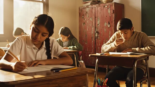 Students sitting at desks in a classroom taking a test or exam with pencils and paper