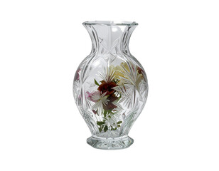 Elegant clear glass vase with intricate floral etchings, holding colorful flowers
