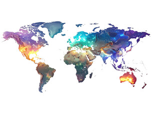 Obraz premium A vibrant, cosmic map of Earth, continents glowing with celestial light