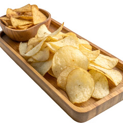 Cassava chips on wooden tray isolated on transparent background