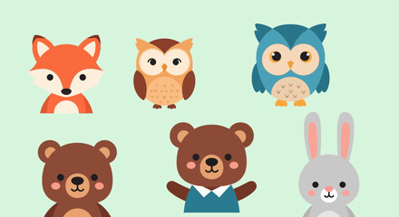 Obraz premium Cartoon forest animals with cute facial expressions.