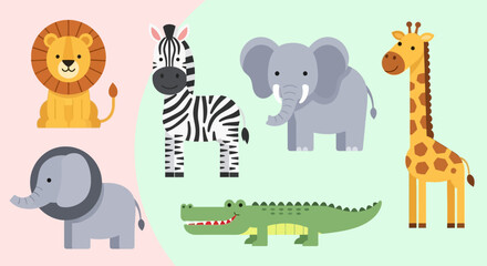 Fototapeta premium Colorful cartoon animals including lion, zebra, elephant, giraffe, and crocodile.