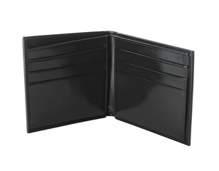 A sleek, black leather bifold wallet, open to reveal card slots
