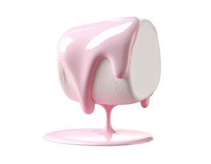 White marshmallow with pink glaze dripping onto a dark surface