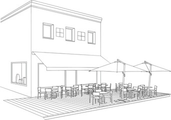 Outdoor cafe terrace, restaurant building, line art architecture, patio seating, umbrella tables, modern urban design, vector illustration, black and white, dining exteriorOutdoor cafe terrace