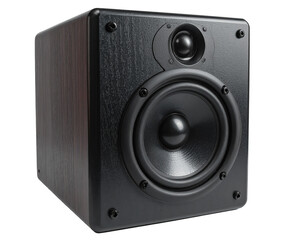 Black wooden-cased compact speaker with woofer and tweeter