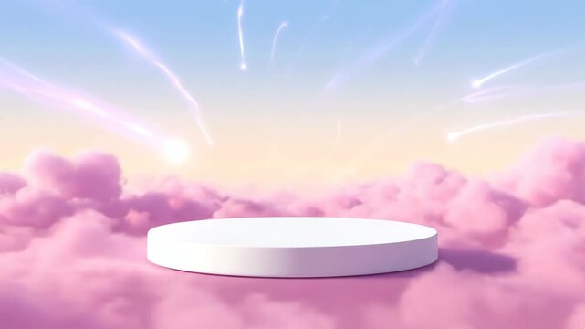 White podium on pink clouds with shooting stars in sky background