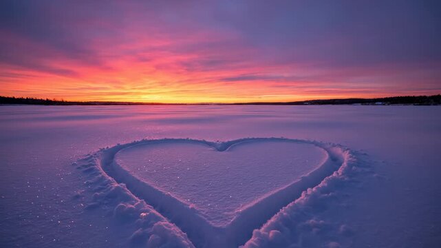 Heart drawn in fresh snow at vibrant sunset symbolizing enduring love and romance for Valentine\'s