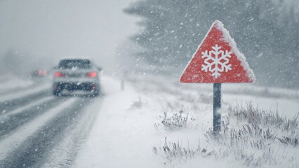 A snowy landscape features a caution sign with a snowflake, warning drivers of winter conditions, alongside a blurred car on a snowy road.