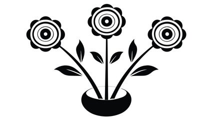 Obraz premium Three stylized black flowers emerging from a small round pot on white background with leaves