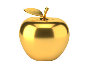 Gleaming, polished gold apple with a leaf and stem, isolated on black