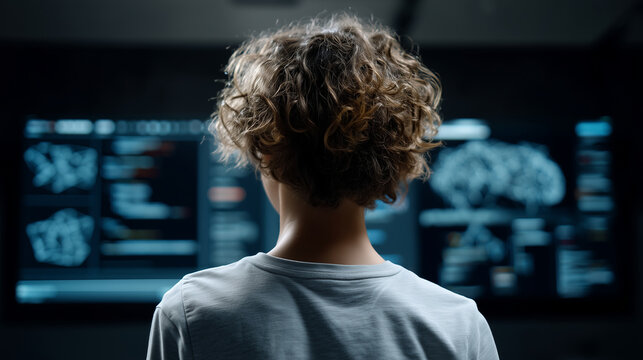 Banner faceless student in a dark room, face softly illuminated by a screen displaying complex Python code and neural network diagrams, AI Education concept, futuristic and focused