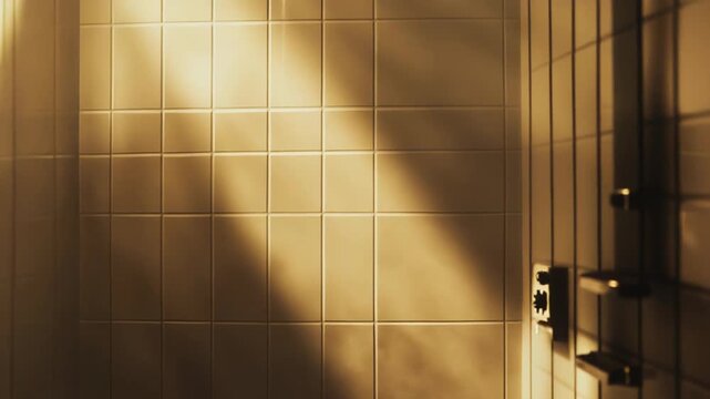 Warm sunlight streams into a tiled shower, creating dramatic rays of light and contrasting shadows on the ceramic surface, evoking a clean and peaceful atmosphere