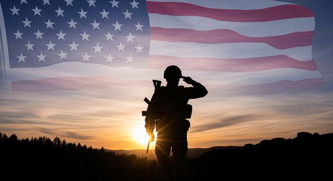 A brave soldier salutes with the american flag proudly waving in the background at sunset