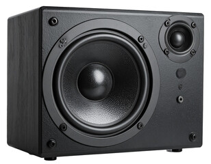 Black, wood-grain, two-way speaker with a prominent woofer and tweeter
