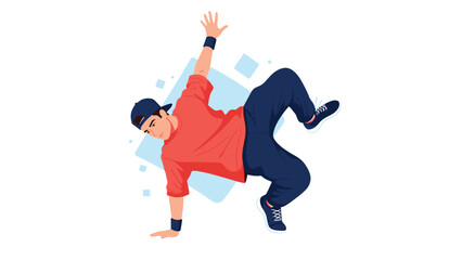 Obraz premium Energetic young man performing an athletic breakdance move on one hand with a dynamic abstract geometric background.