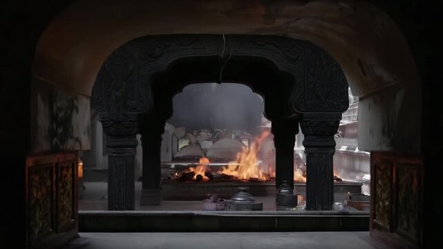faceless cremation ceremony photographed through temple archway, architectural framing, fire visible beyond, cinematic depth  4K