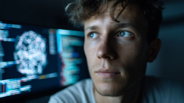 Banner faceless student in a dark room, face softly illuminated by a screen displaying complex Python code and neural network diagrams, AI Education concept, futuristic and focused