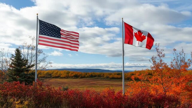 Waving flags of usa and canada amidst vibrant autumn landscape under cloudy sky