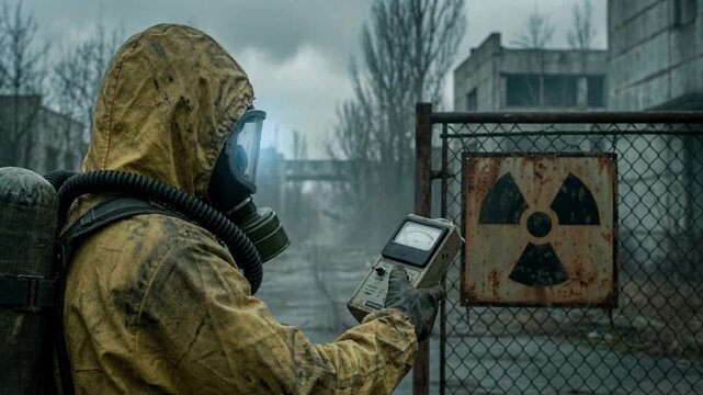 Person in a hazmat suit holding a geiger counter near a radiation sign. Post-apocalyptic abandoned city ruins in the background. Nuclear disaster and environmental contamination concept
