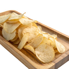 Cassava chips on wooden tray isolated on transparent background