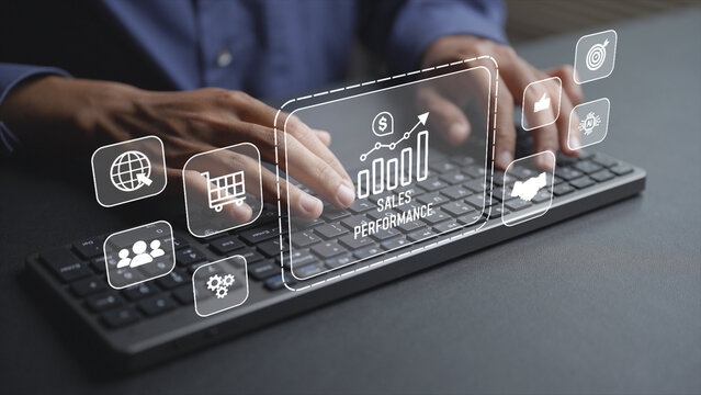 Sales performance management concept focused on data analysis and decision making. Professional improving productivity, forecasting and results using a laptop-based digital platform.