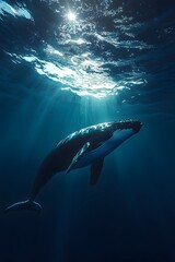 Naklejka premium Whales glide through the deep sea, with soft sunlight casting gentle shadows through the water