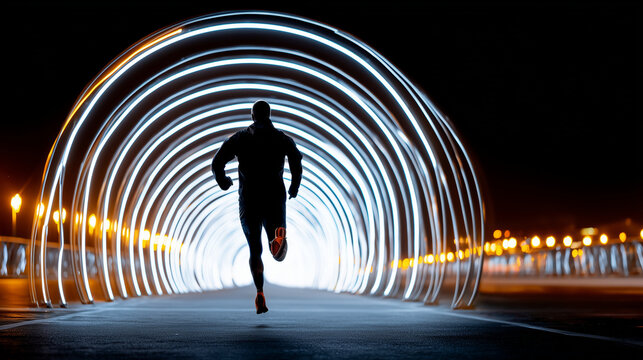 runner in a tunnel with motion blur lights forming spirals around them