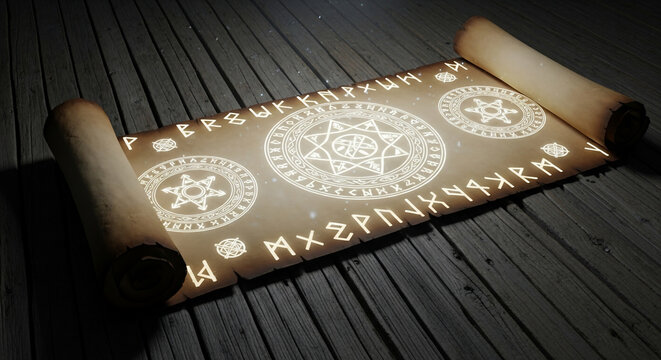 Ancient Parchment Scroll: An antique parchment scroll, meticulously inscribed with cryptic symbols, unrolls gracefully on a weathered wooden surface, illuminated by a mystical glow.