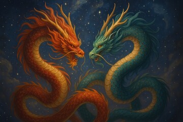 Fototapeta premium Vibrant mythical dragon confrontation