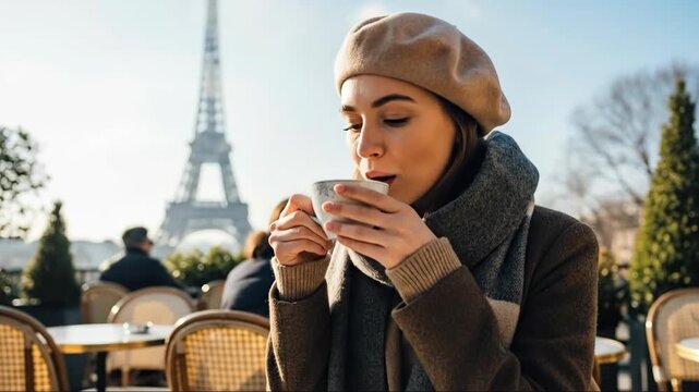 Woman savoring warm drink at parisian cafe with eiffel tower in the background