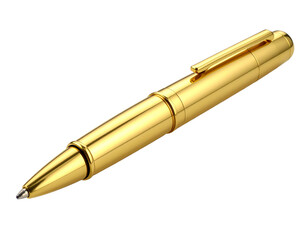Gleaming golden writing instrument with a clip, presented against a dark background