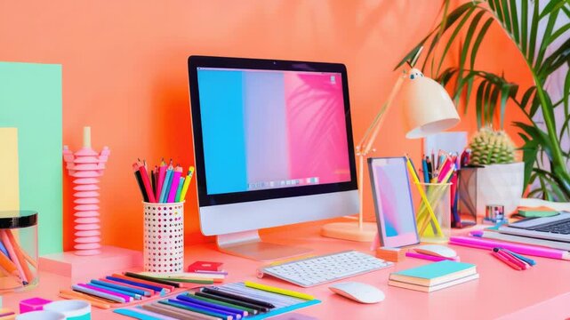 Video A desktop computer placed on a bright pink desk surface