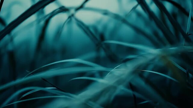 Teal toned grass panicle swaying gently creating a tranquil and abstract natural texture with soft focus blades in a moody, serene outdoor environment