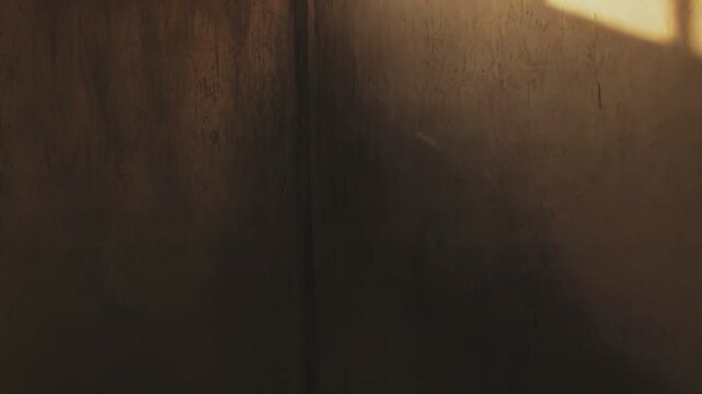 Warm sunlight streams through a gridded window, creating parallel light rays and sharp shadows on a rustic, textured wall, evoking feelings of hope and passage of time