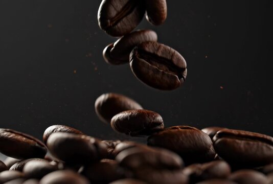 A video of coffee beans falling onto a pile on transparent background
