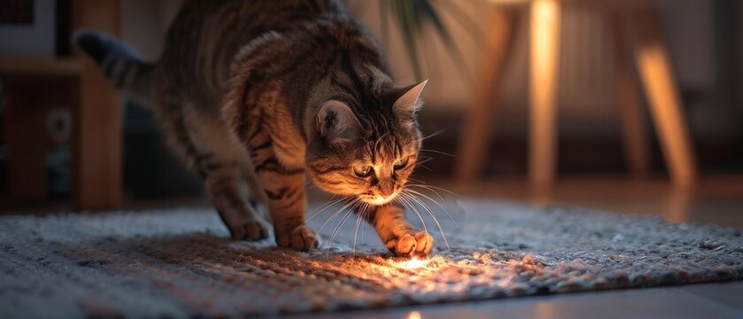 A cat chases a laser dot on the floor, its tail swaying