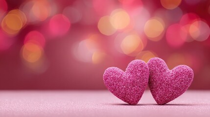 Fototapeta premium Two red hearts on a pink sparkling background, with soft bokeh lighting, romantic decorative design elements, perfect for Valentine's Day celebration