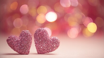 Fototapeta premium Two red hearts on a pink sparkling background, with soft bokeh lighting, romantic decorative design elements, perfect for Valentine's Day celebration