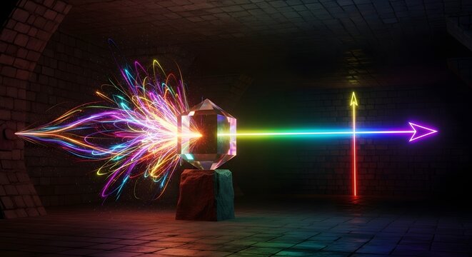 A kaleidoscope of wild, untamed light bursts into a majestic crystal, which skillfully distills the chaos into a radiant, arrow-guided beam of pure energy, a profound metaphor for turning
