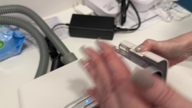 Woman's hands opening the water chamber of a CPAP machine. Highlights routine maintenance, hygiene, and at-home sleep apnea therapy. Themes: healthcare and wellness.