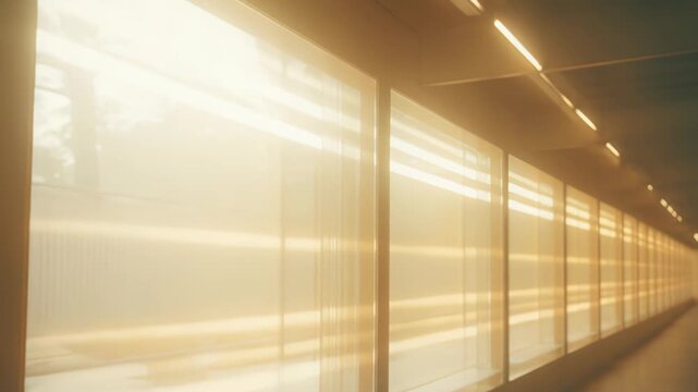 Long sunlit modern corridor with translucent windows and ceiling lights creating warm golden patterns, strong perspective and minimalist symmetry leading to a bright vanishing point